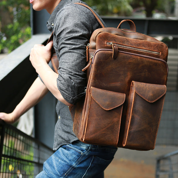 Men's Leather Backpack Shoulder Bag Weekender Travel School