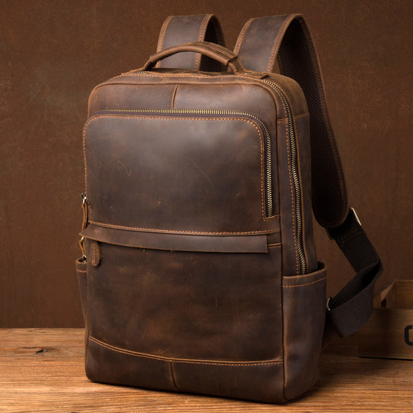 Crazy Horse Leather Backpack Men Laptop Backpack Handmade Travel
