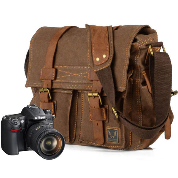 Leather With Canvas Camera Bag Waterproof DSLR Camera Bag Shoulder  Messenger Bag QSM3035