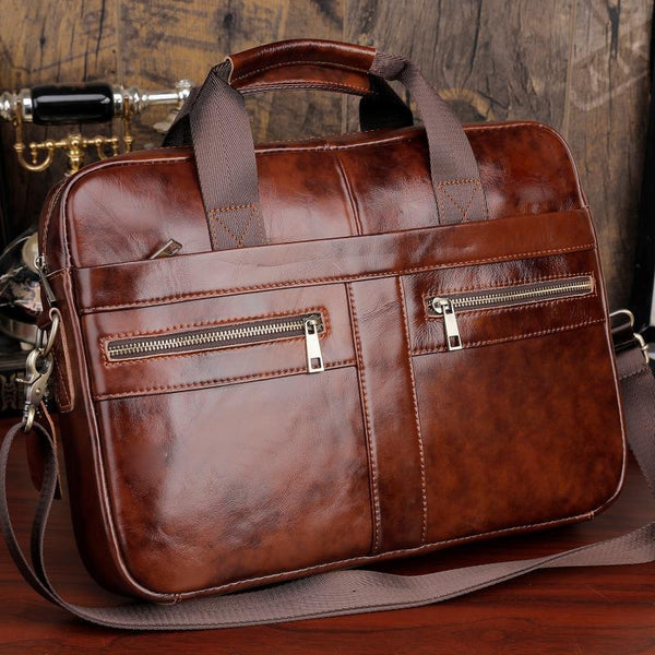 Full Grain Leather Briefcase Men's Messenger Bag Vintage 15