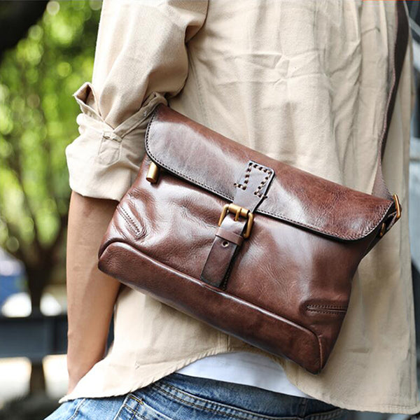 Man Real Leather Crossbody Purse Vintage Leather Brown 