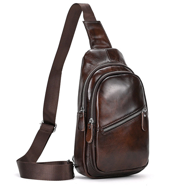 Brown Full Grain Leather Sling Bag for Men Small