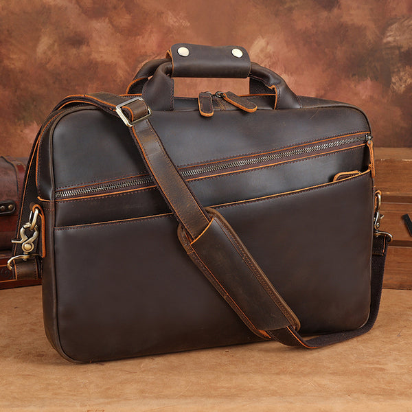 Full Grain Leather Attache Leather Messenger Bag Classic Leather Business Briefcase Vintage 15.6" Laptop Bag For Mens