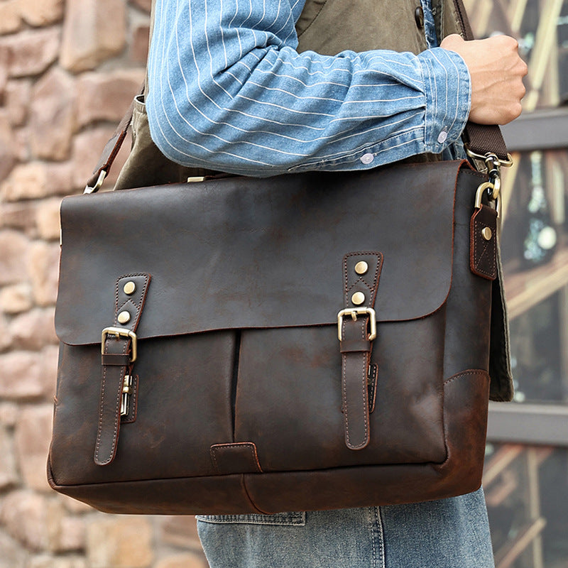 Full Grain Leather Briefcase Men's Leather Messenger Bag Handmade