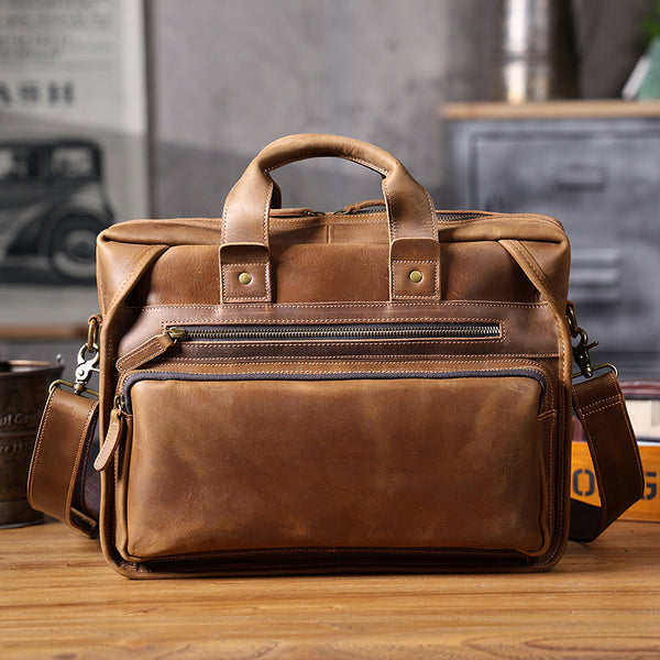 Full Grain Leather Laptop Bag Briefcase Leather Messenger Bag For Men Retro Leather Satchel Portfolio