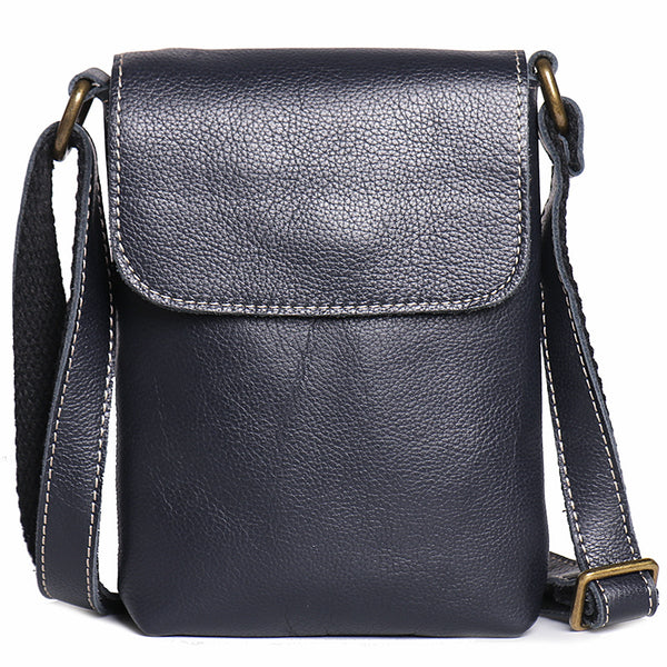 Small crossbody bag black leather, handmade top sling bag for men