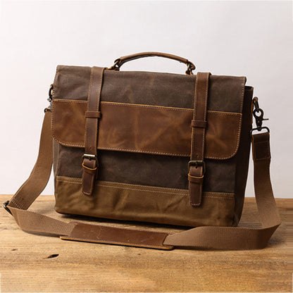 Handmade Waxed Canvas Leather Briefcase, Canvas Mens Messenger Laptop Bag, Retro Satchel Bag