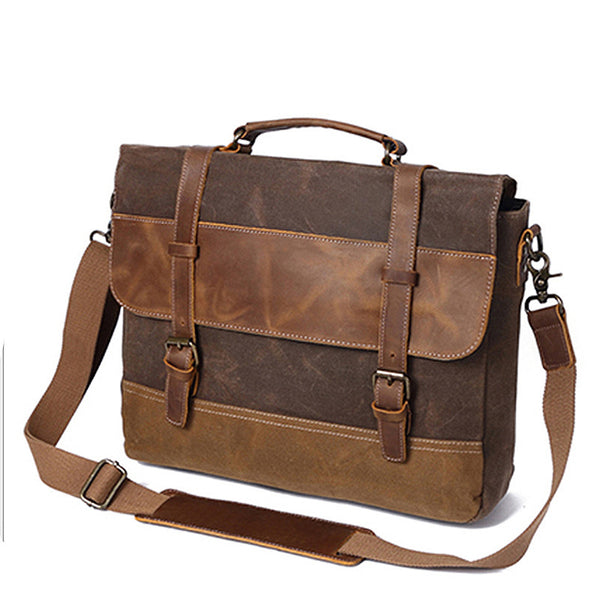 Handmade Waxed Canvas Leather Briefcase, Canvas Mens Messenger Laptop Bag, Retro Satchel Bag