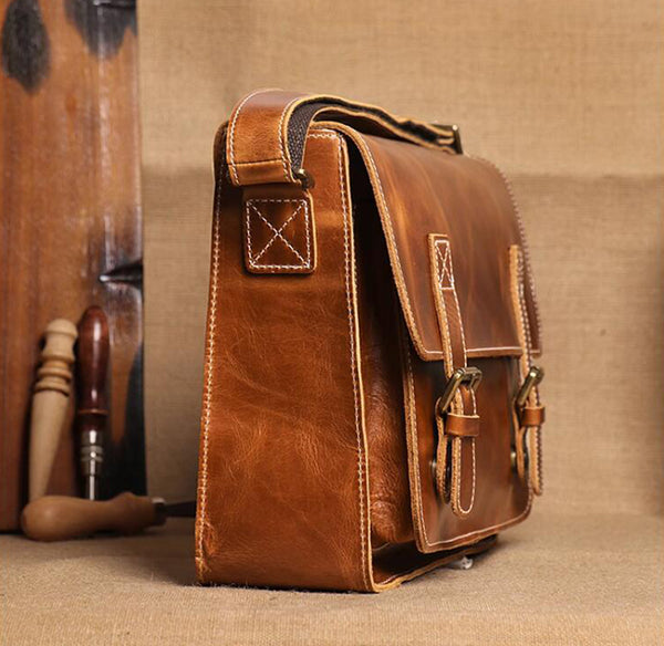 Full Grain Leather Men's Shoulder Bag Vintage Handmade Leather Messenger  Bag Leather Crossbody Bag