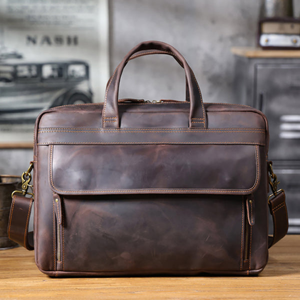 Vintage 17“ Leather Briefcase Full Grain Leather Messenger Bag Men Leather Travel Laptop Bag, Crossbody Bag