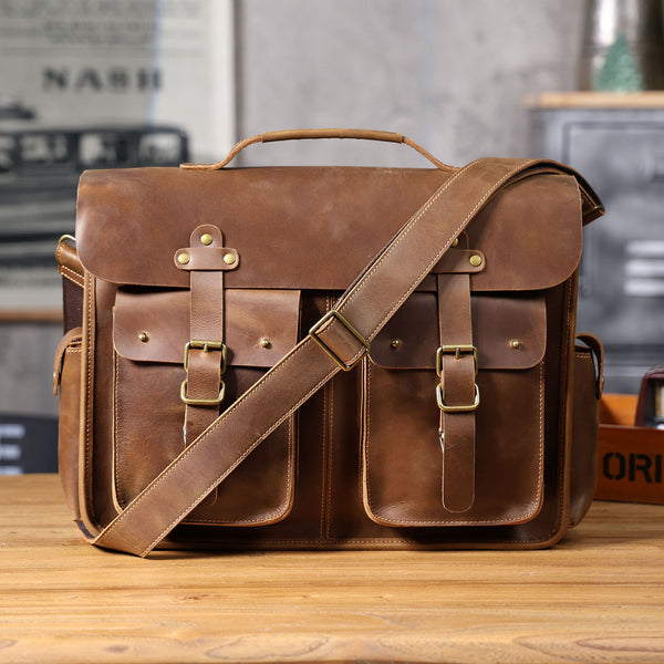 Vintage Large Leather Briefcase 14" Leather Briefcase Laptop Bag Full Grain Leather Messenger Bag Crossbody Bag For Men