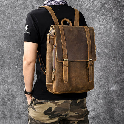 Moss Bros Men's Black Grained Leather Backpack - Backpacks