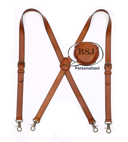 Adjustable Brown Leather Suspenders Braces for Men with Metal Clips - M