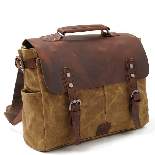 Wax Canvas Leather Briefcase Vintage Crazy Horse Messenger Bag Crossbo ...
