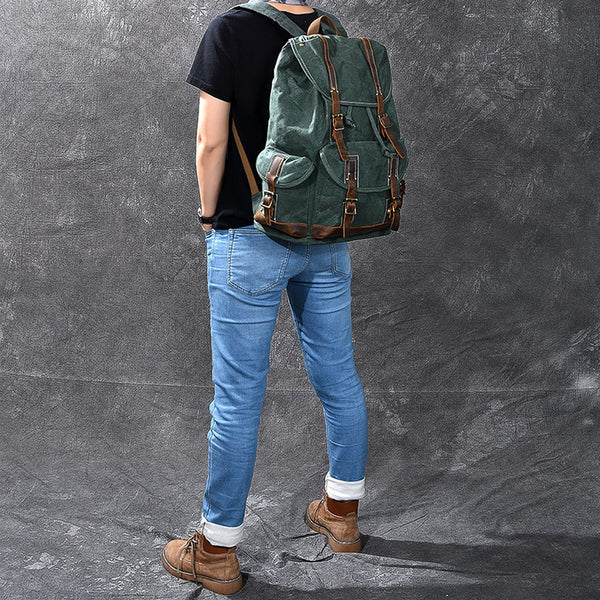 Waxed Canvas School Backpack Large Capacity Travel Backpack Men's