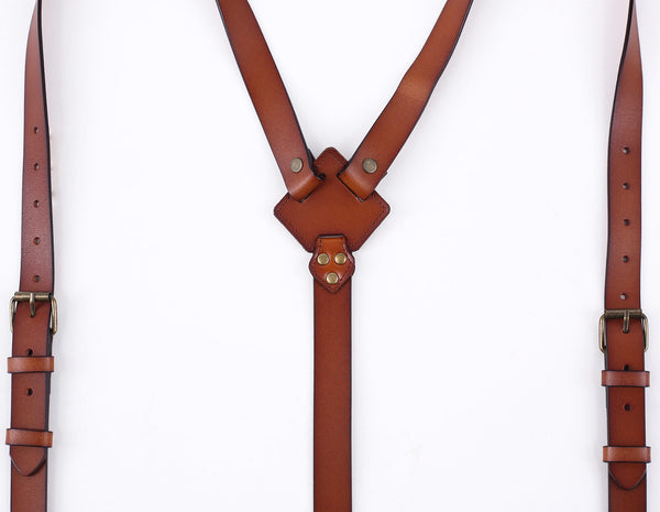 Groomsmen Gift Leather Suspenders Adjustable Y Back Design Brown