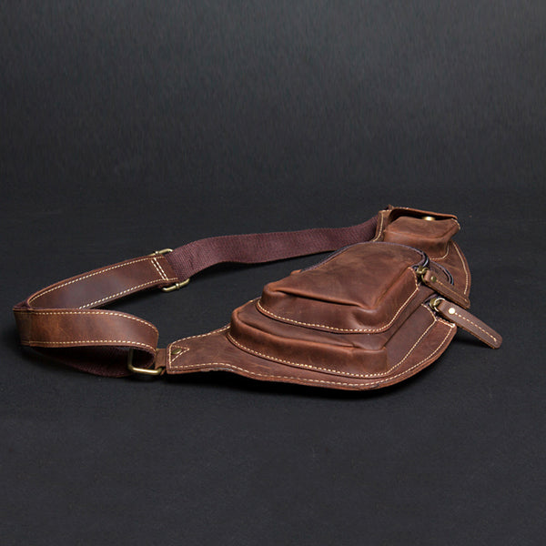 Crazy Horse Leather Sling Bag Vintage Leather Chest Bag Mens Crossbody Bag