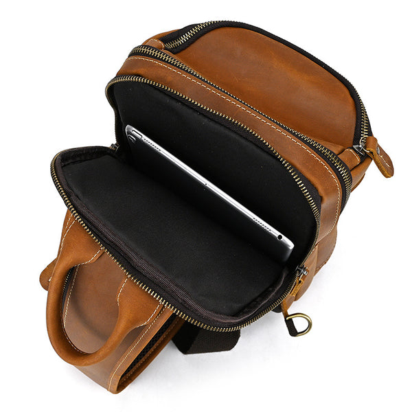 Full Grain Leather Chest Bag Retro Leather Crossbody Bag Handmade Mens  Leather Sling Bag