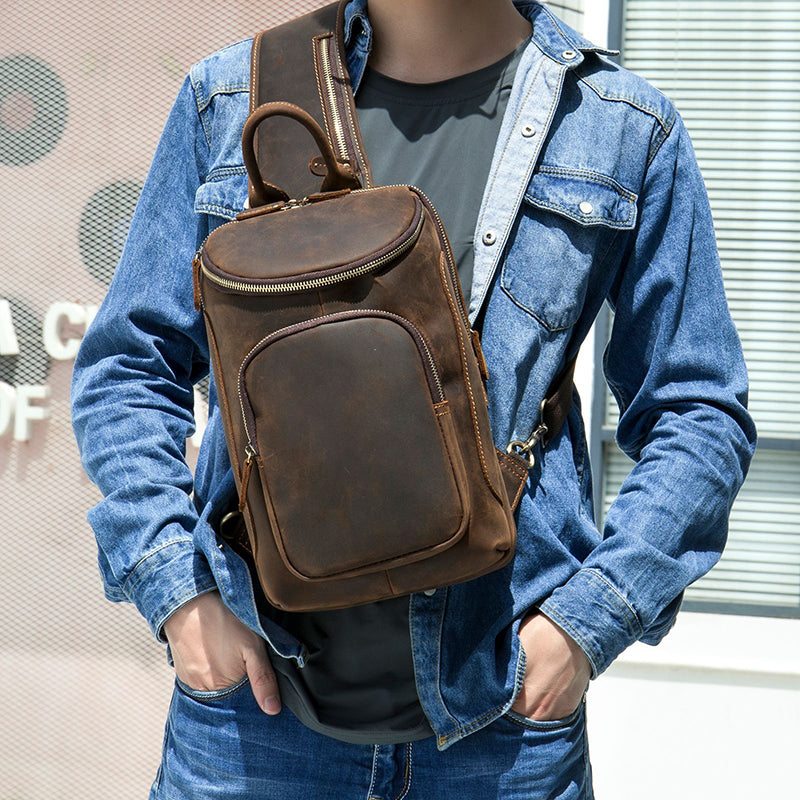 Full Grain Leather Men's Sling Bag Retro Leather Small Chest Bag Leather Satchel Bag for Mens Coffee / Design 3