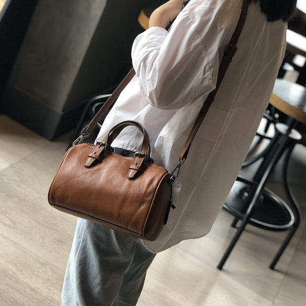 Brown Leather Boston Bag Zip Minimalist Crossbody Bag