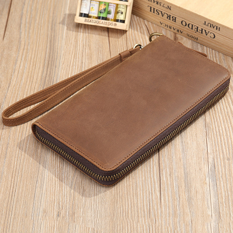 Crazy Horse Leather Long Wallet For Man Card Holder Big Zip Around