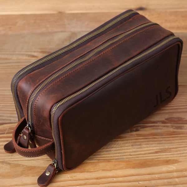 Embroidered Brown Leather Dopp Kit Travel Bag