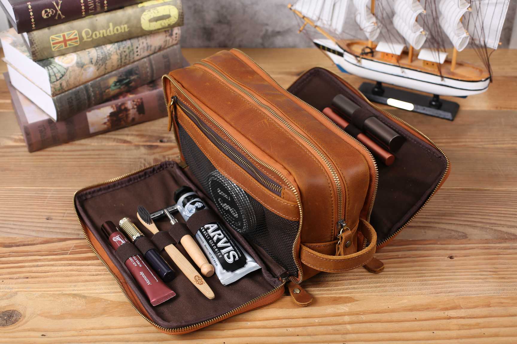  10 Premium Leather Toiletry Travel Pouch With