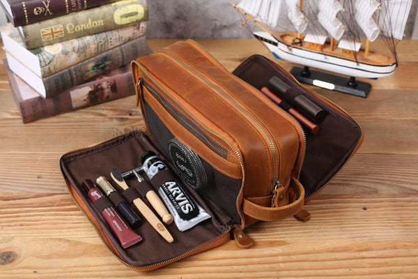 10 Premium Leather Toiletry Travel Pouch With Waterproof Lining |  King-Size Handcrafted Vintage Dopp - Kit ~ Gift for Father's Day By Aaron  Leather