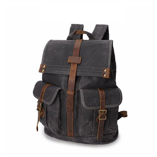 Men's Vintage Leather & Canvas Backpack, Dark Grey
