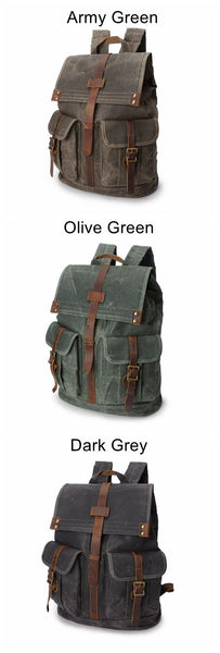 Men's Vintage Leather & Canvas Backpack, Army Green